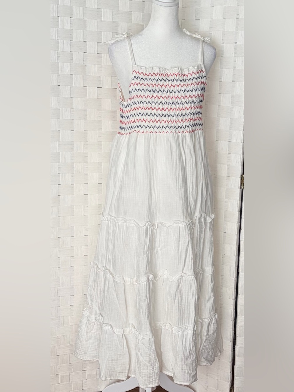Blueberi Boulevard White Textured Cotton Maxi Dress with Red & Blue Smocking Lg